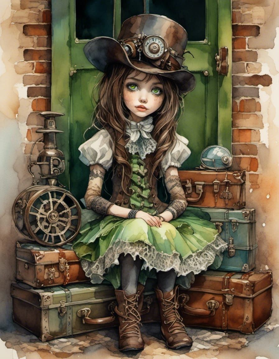 Steampunk Girl in Watercolor Alley with Gears