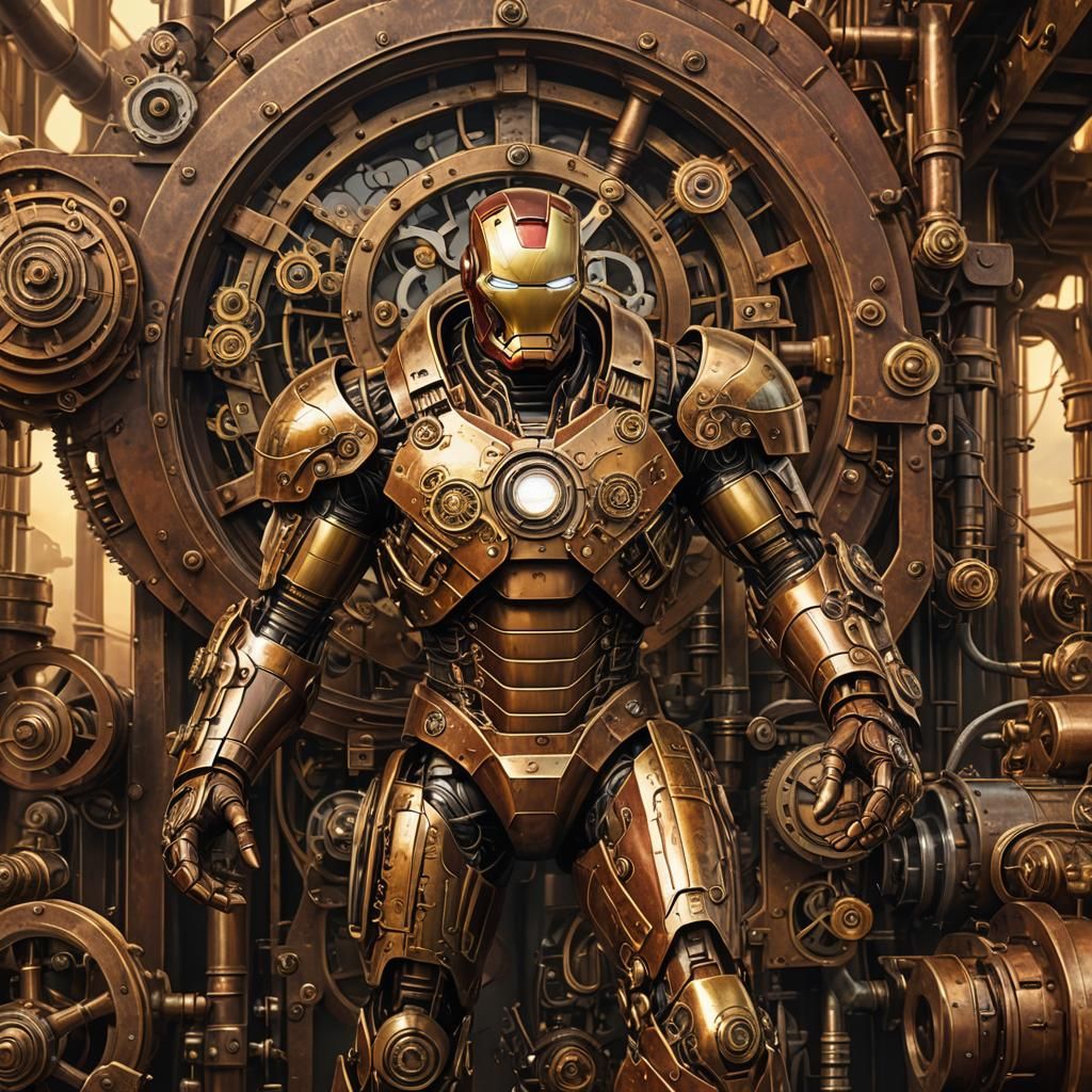 Steampunk Iron-Man Amidst Intricate Engine