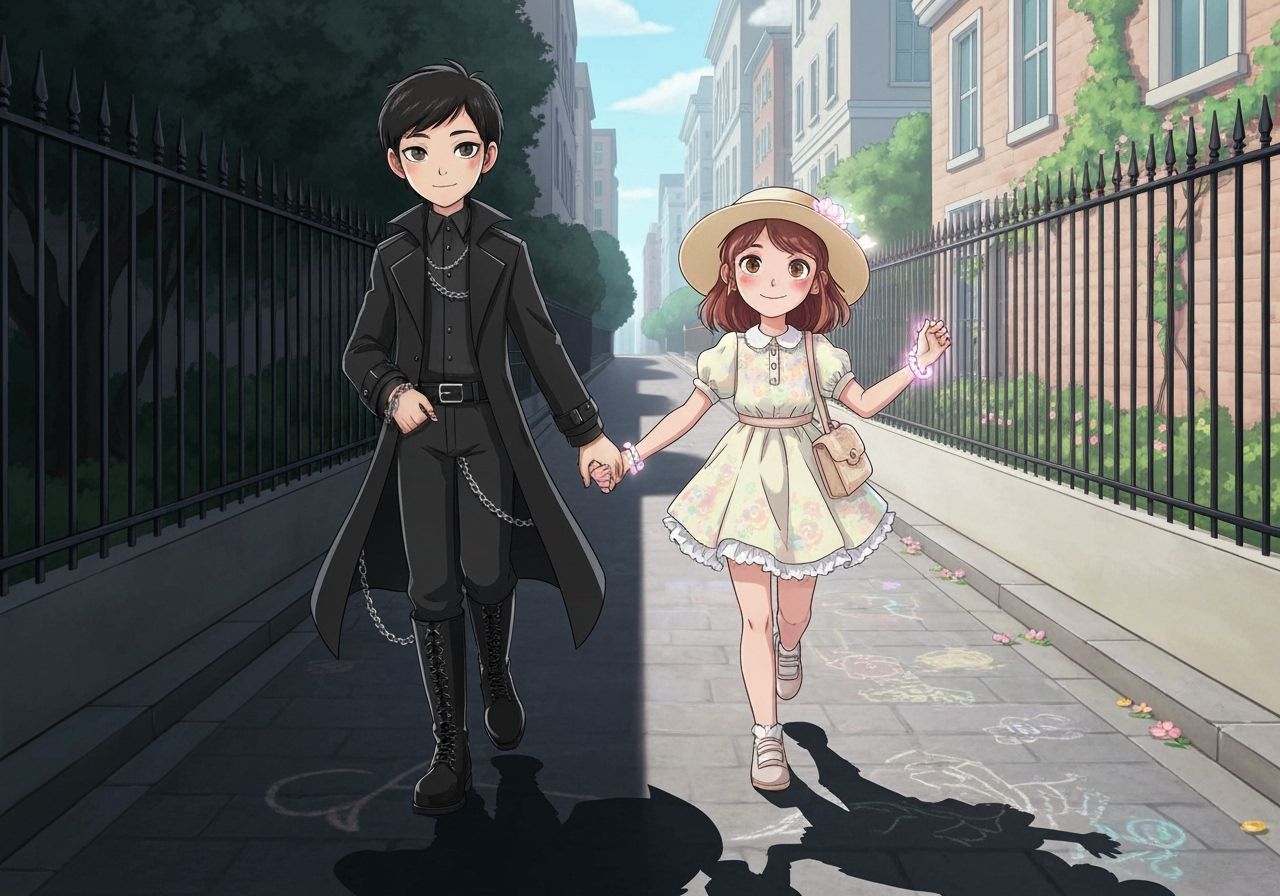 Brother and Sister Walking in Stylized Illustration