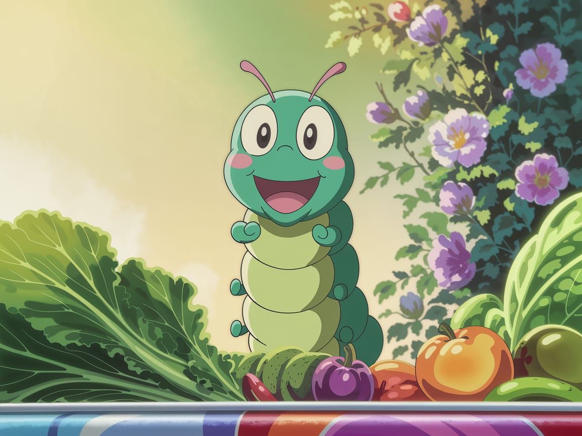 Hungry Caterpillar at a Vibrant Buffet in Anime Style