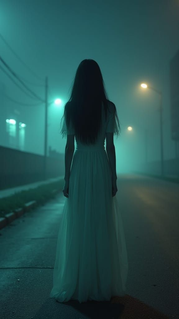 Ethereal Woman Stands Alone in a Haunting Urban Landscape