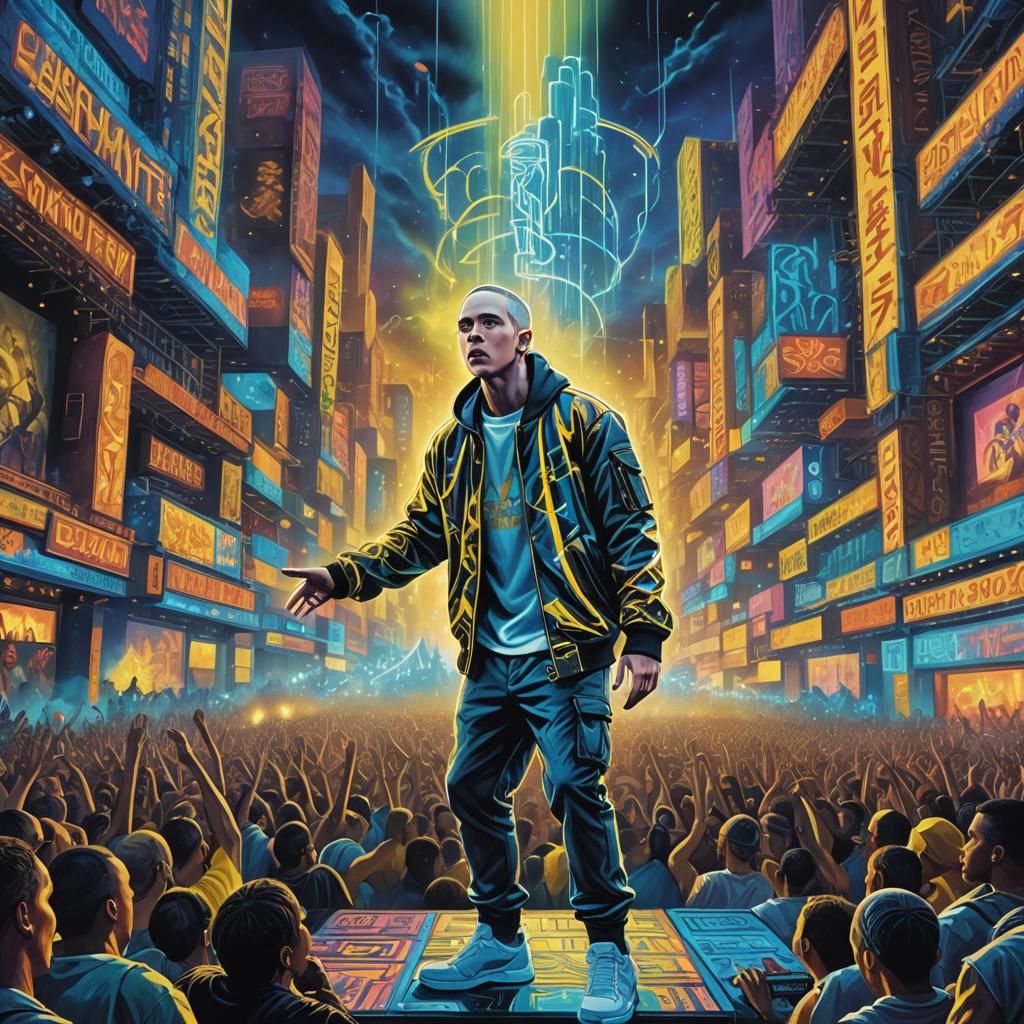 Eminem Concert in Neon Cyberpunk Cityscape