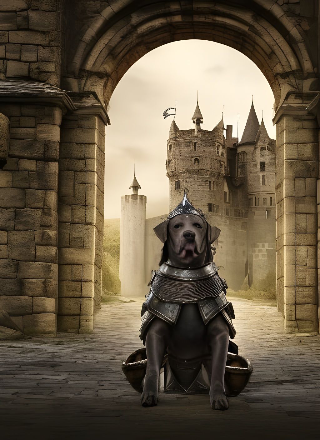Armored Dog Guarding Dark Medieval Castle
