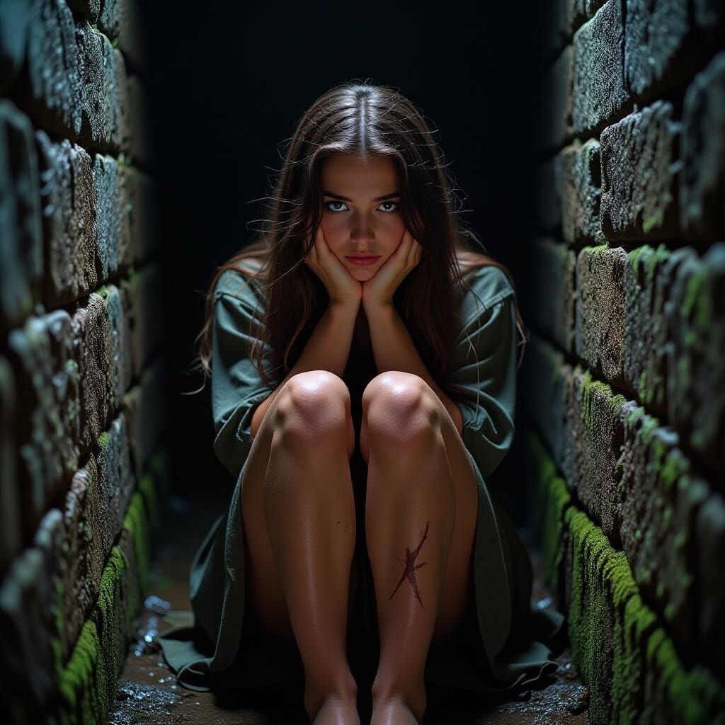Teenage Girl Huddled in Dark Medieval Prison Cell
