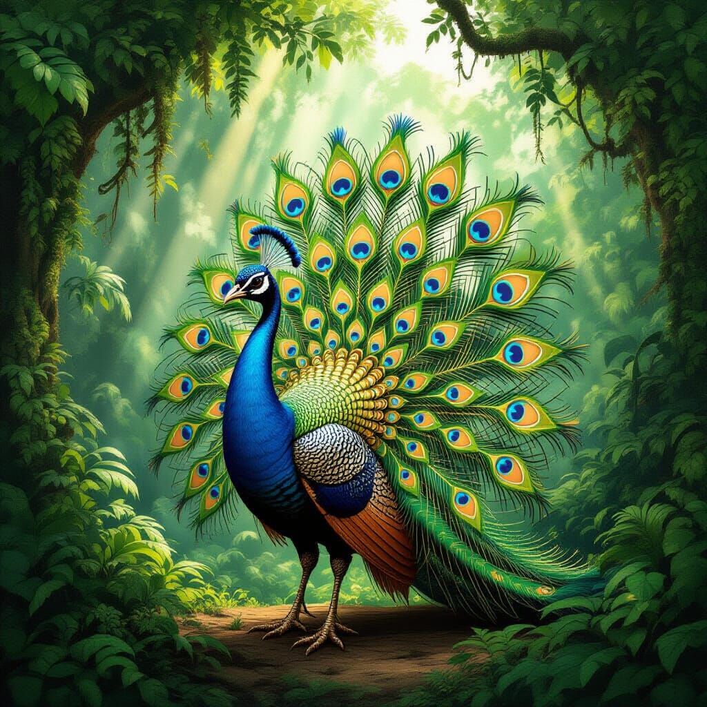 Steampunk Peacock in Jungle, Alphonse Mucha Style