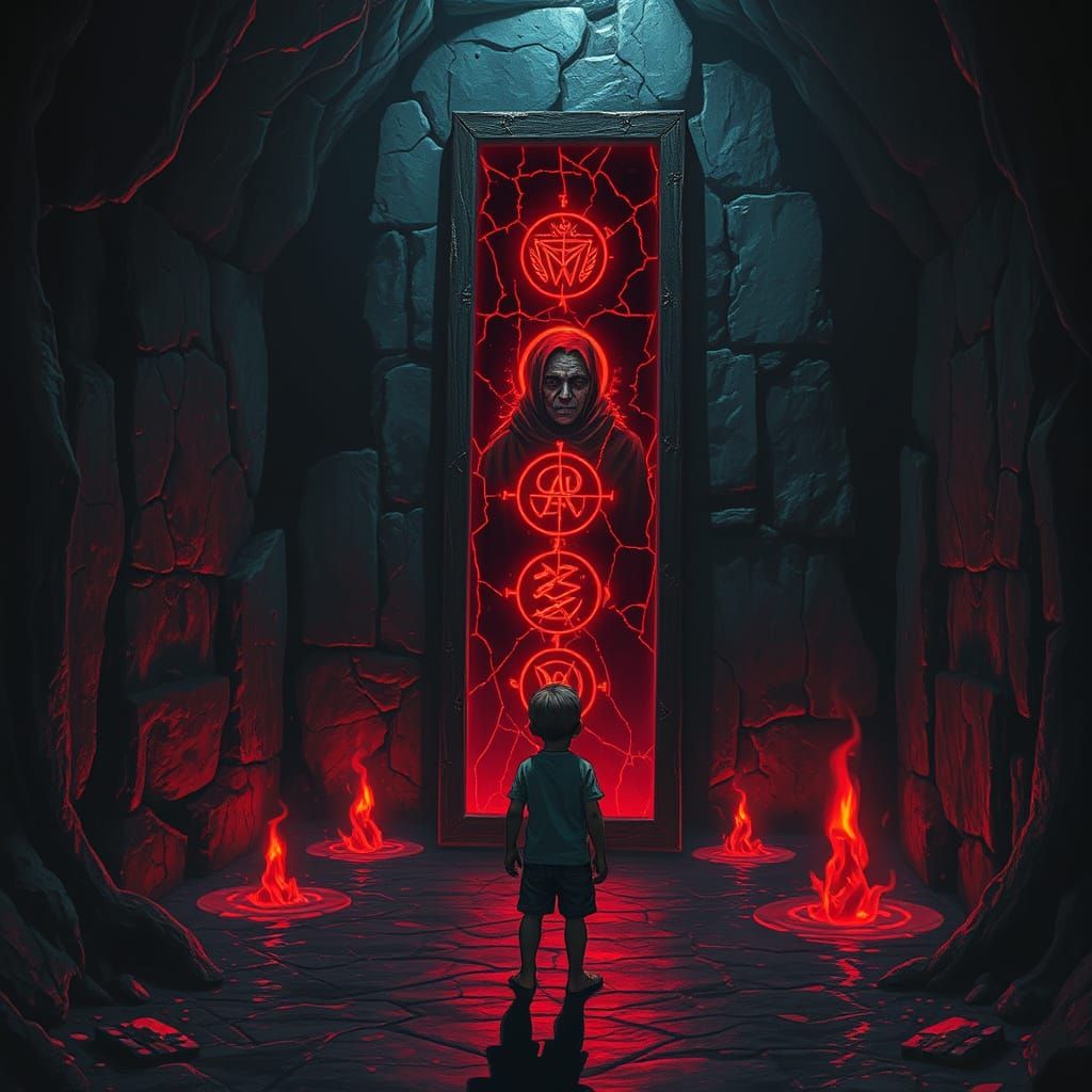 Terrified Boy Confronts Haunted Self in Dark Surrealism