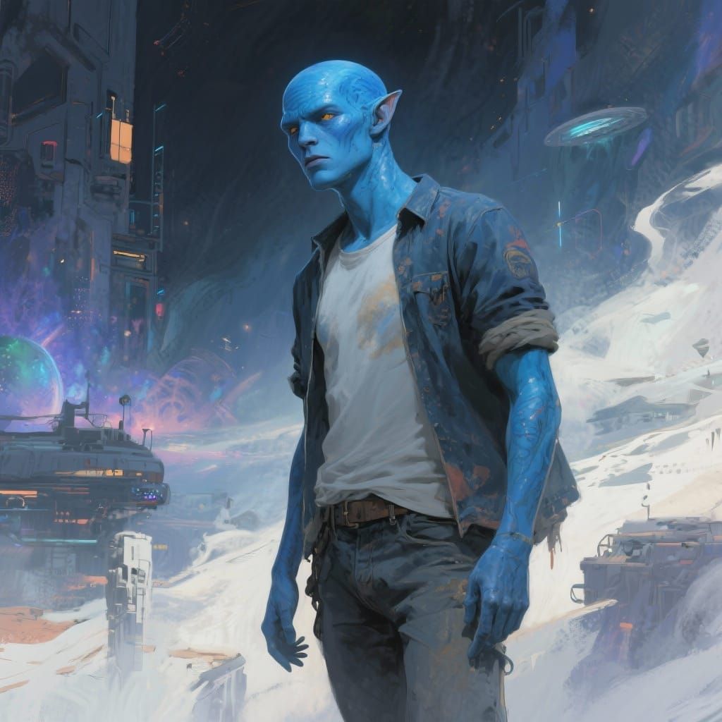 Blue-Skinned Alien in Casual Attire Against Mystical Backdro...