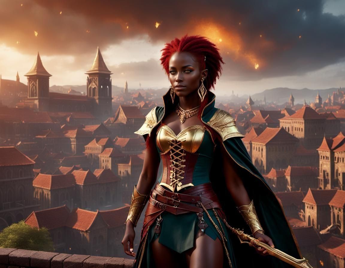 Half-elf African Female Bard in Epic Fantasy Cityscape