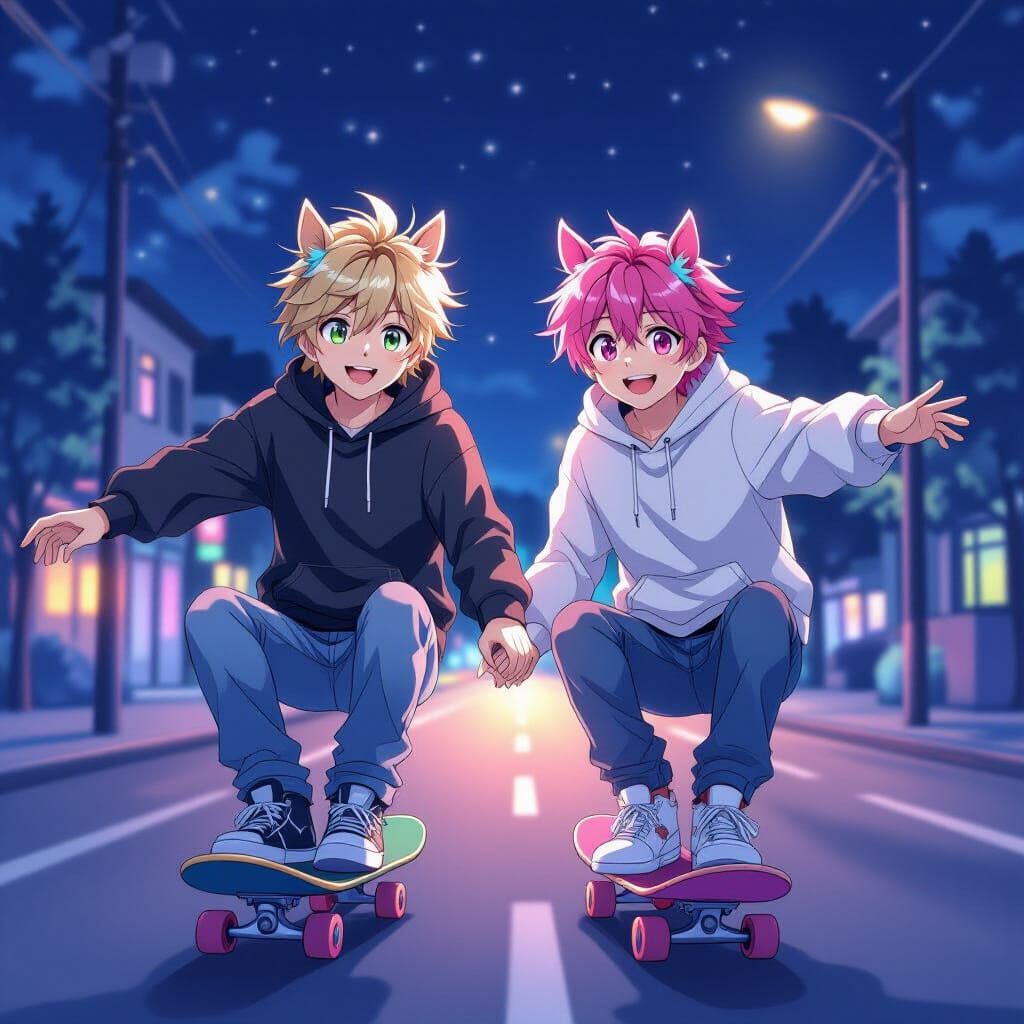 Anime Boys with Horse Ears Ride Skateboards at Night
