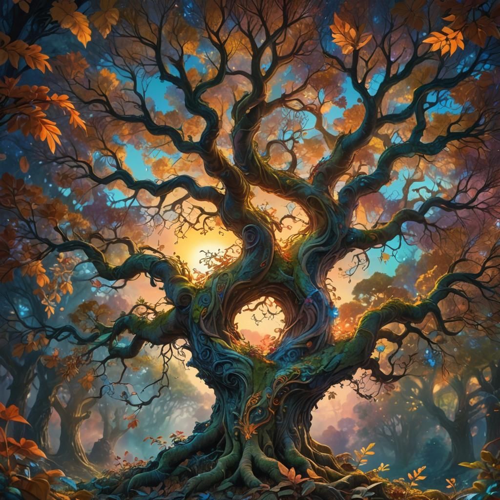 Mystical Forest Sunset with Dreamlike Lighting