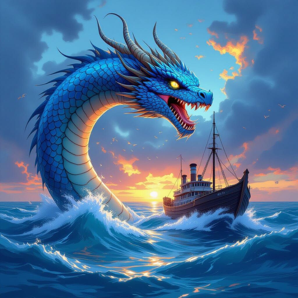 Giant Sea Serpent Emerges from Stormy Waters
