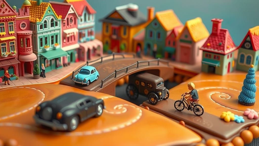 Surreal Whimsical Cityscape on a Layered Cake in Hyperrealis...