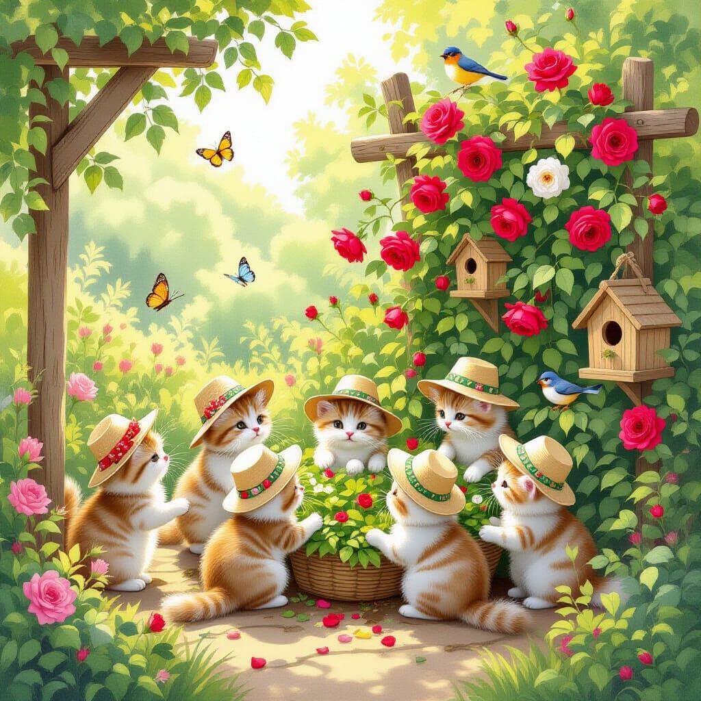 Fluffy Cats Gardening in a Lush, Whimsical Garden
