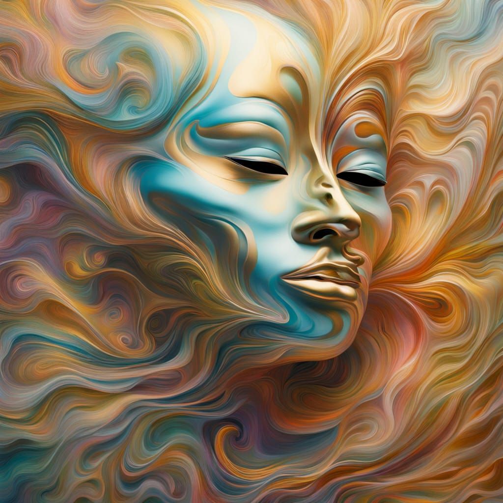 Masked Figure Whispers in Surreal Dreamscape