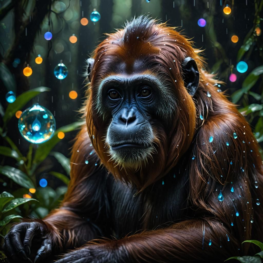 Bioluminescent Orangutan Hybrid in Double Exposure Style