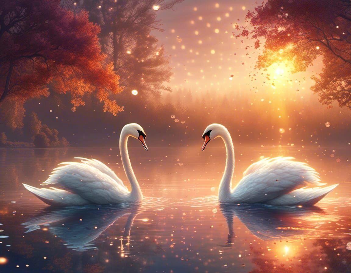 Swans Swimming on Sparkling Water at Golden Hour