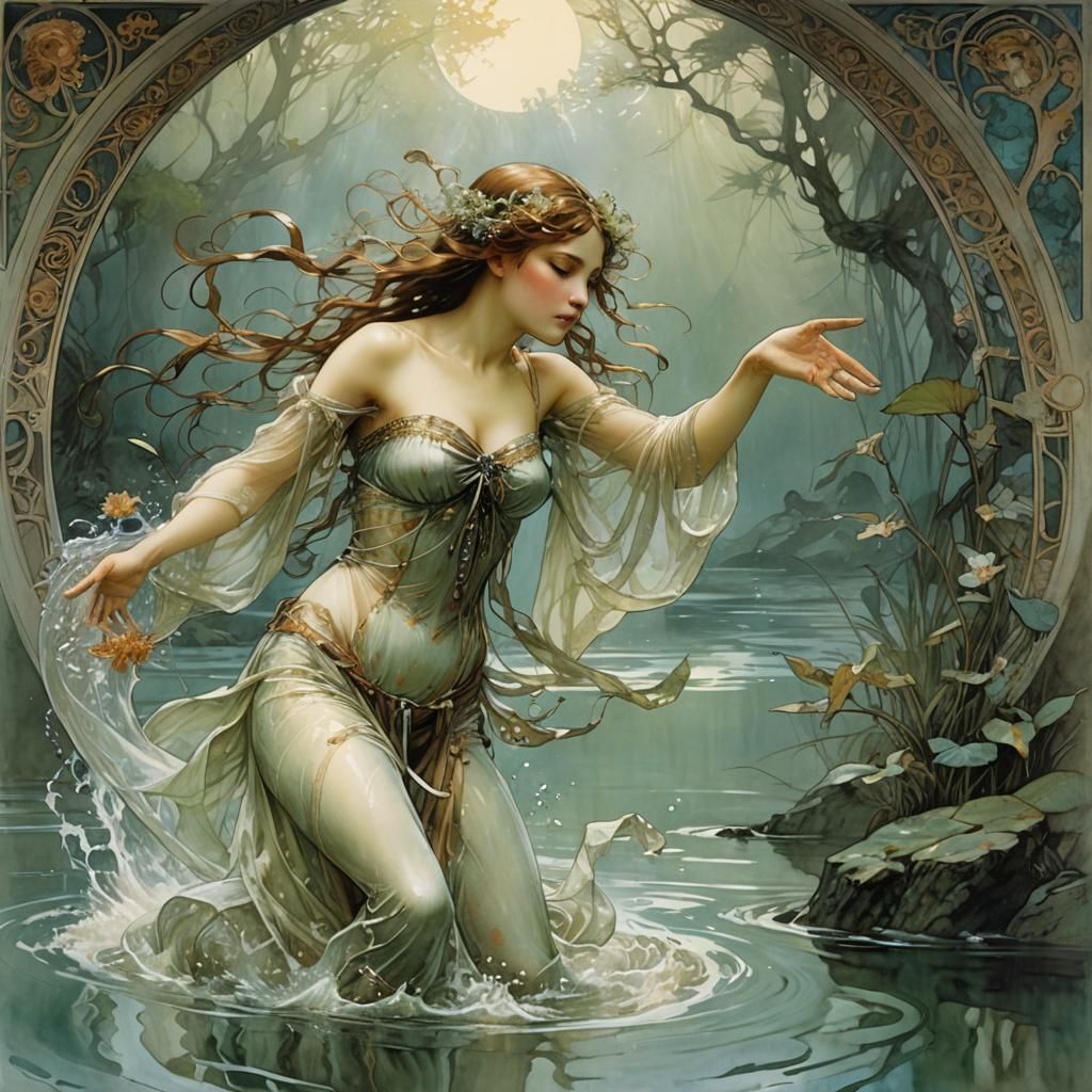 Nymph Reaching Out, in Art Nouveau Style