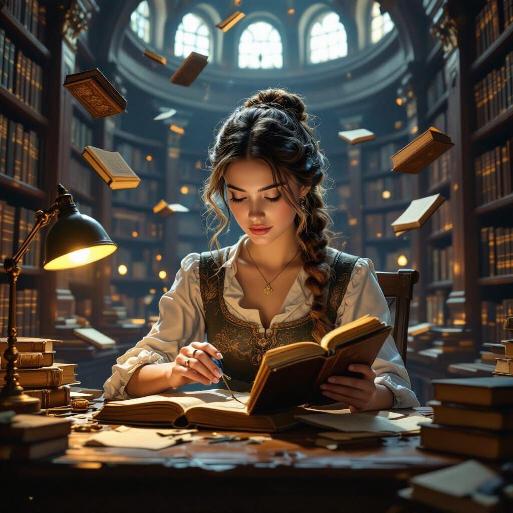 Woman Mending Book in Magical Library with Floating Tomes