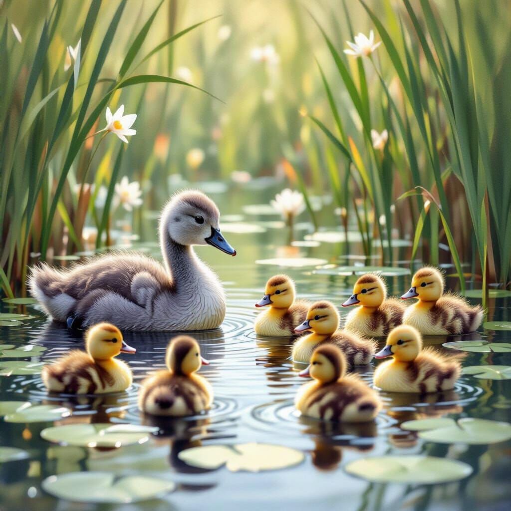 Ugly Duckling in Gouache Style Pond Scene