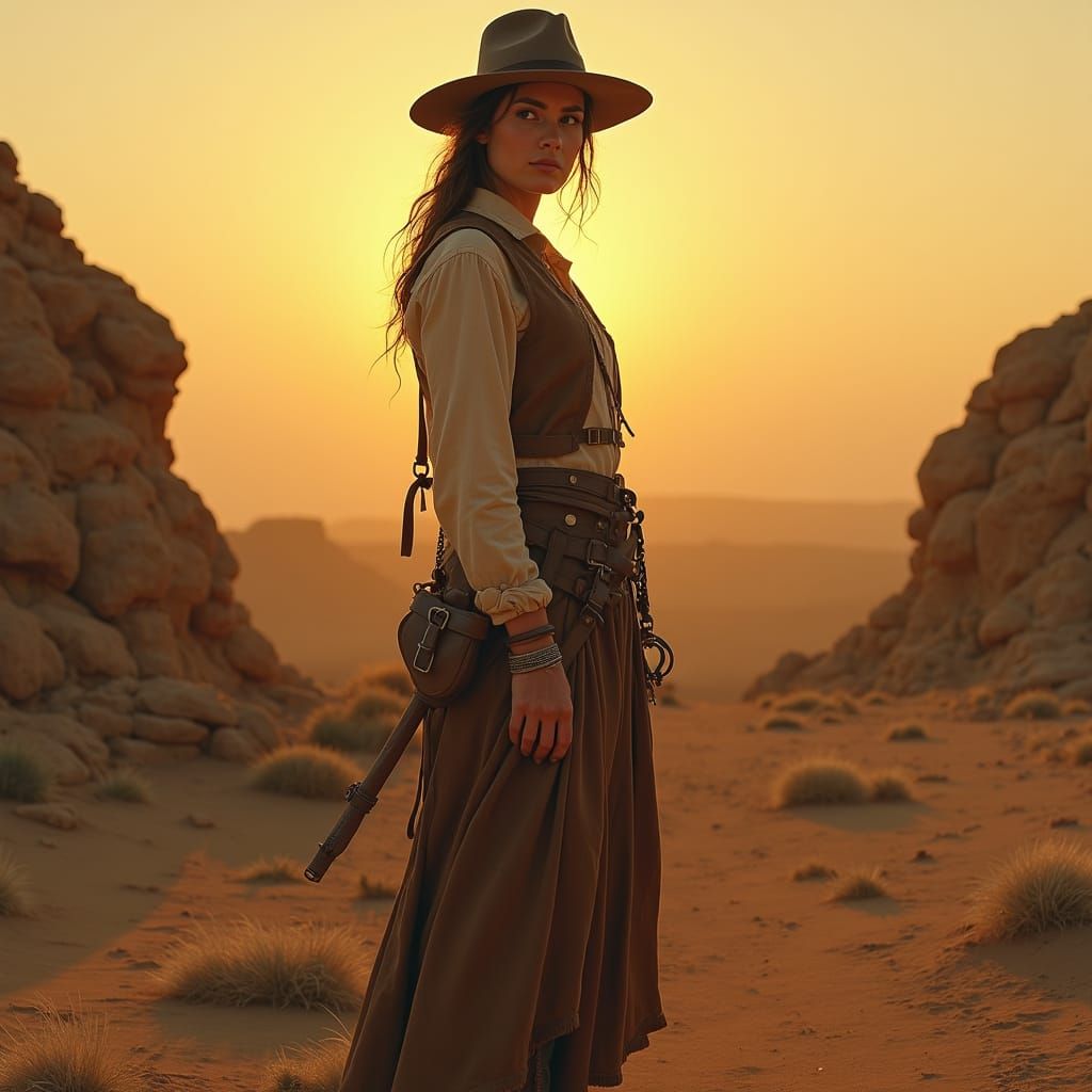 Heroic Woman in Desolate Landscape, Rembrandt Style