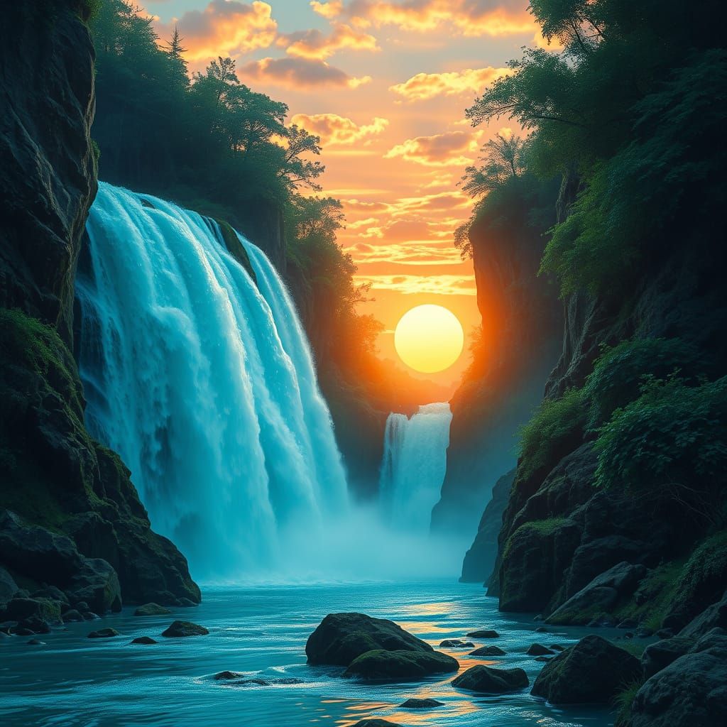 Hyperrealistic Turquoise Waterfalls in Colorful Forest