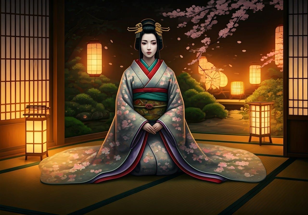 Traditional Japanese Empress in Cherry Blossom Kimono
