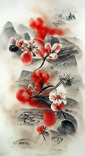 Red Plum Blossoms in Chinese Ink Wash Painting