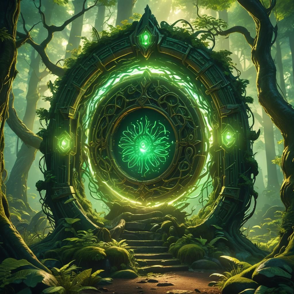 Green Fantasy Portal in Ancient Forest: 3D Art