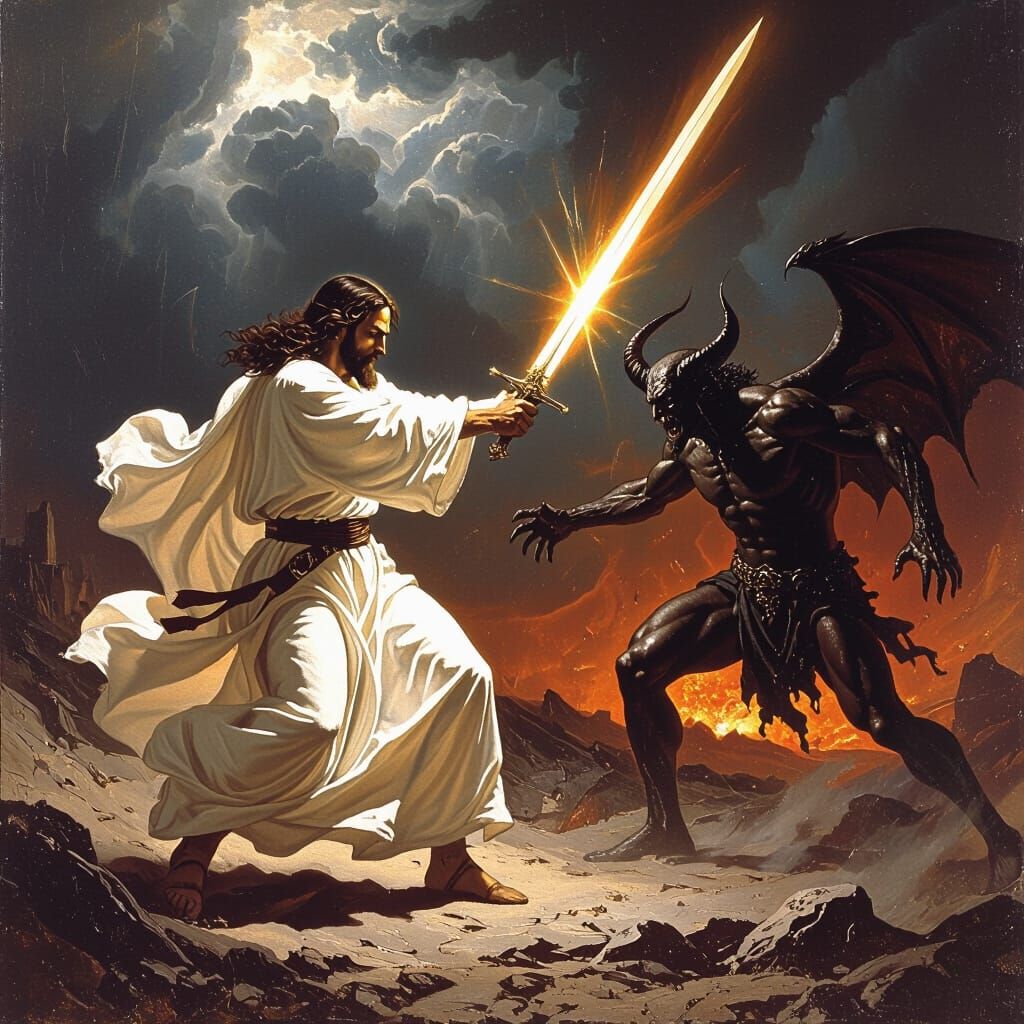 Jesus Battles Satan in Apocalyptic Landscape