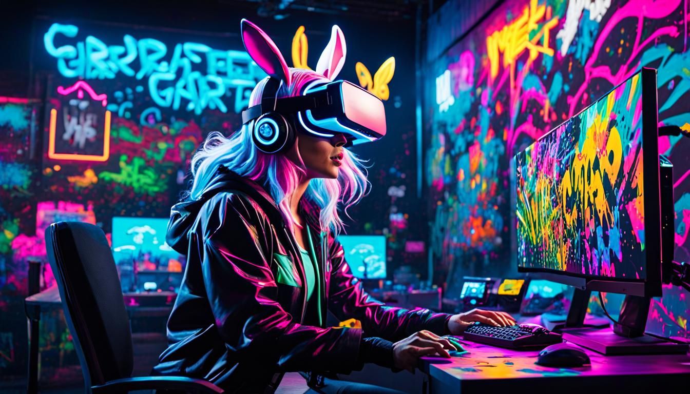 VR Gamer Girl, Chibi Cyberbunny in Graffiti Art