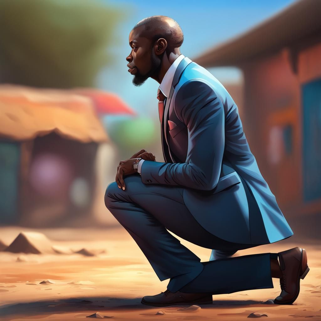 Man in Suit Kneeling: Hyperrealistic Splash Art
