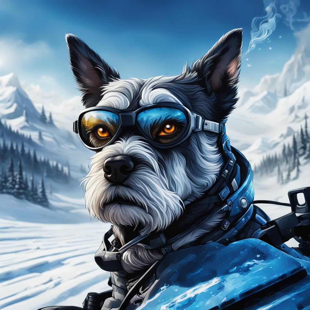 Schnauzer on Snowmobile in Cinematic Macro Shot