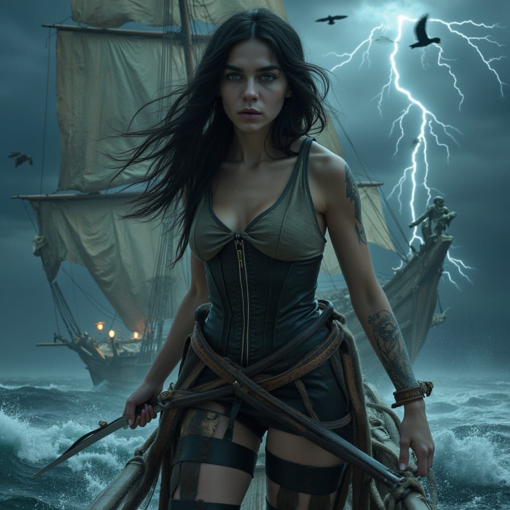 Fierce Pirate Woman on Gothic Brigantine