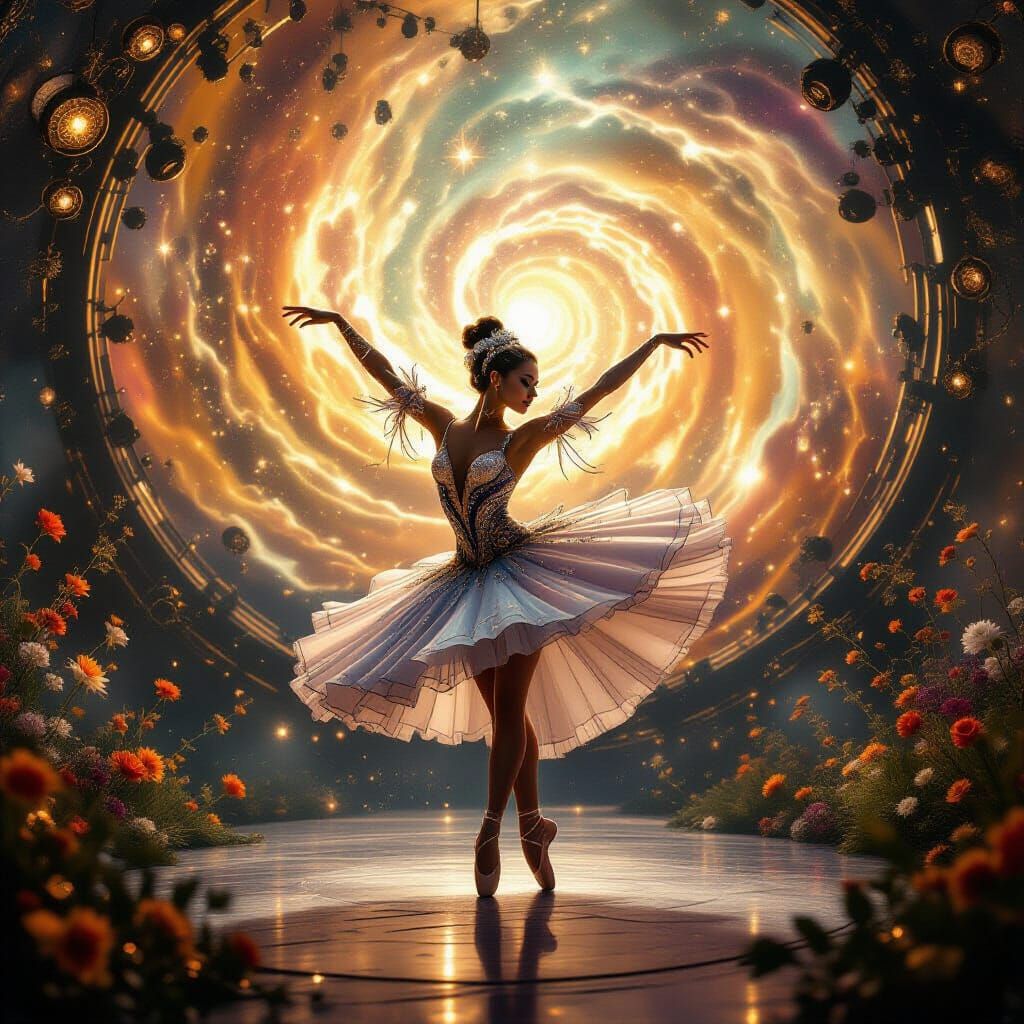 Dazzling Dancer in Cosmic Nebula: Dark Surrealism Art