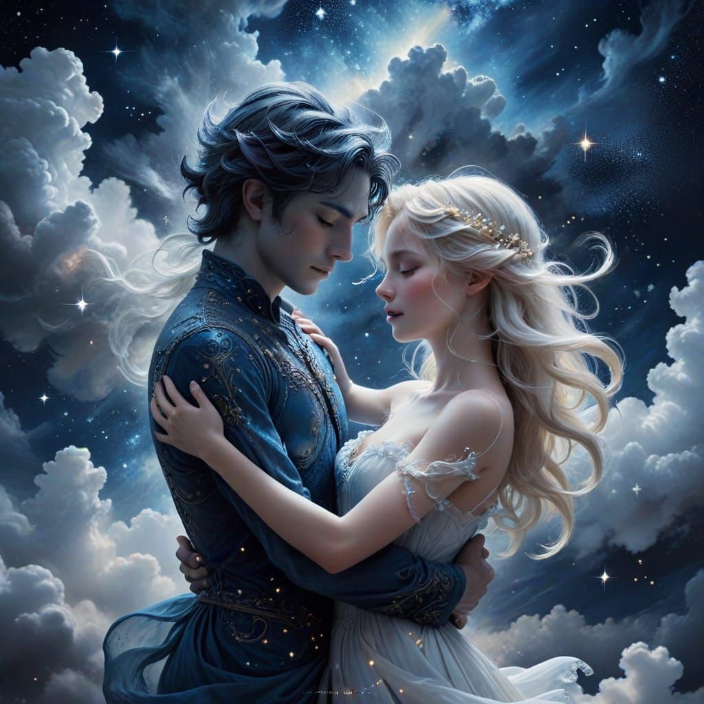 Ethereal Fantasy Art: Figures Embrace in Starry Cloudscape
