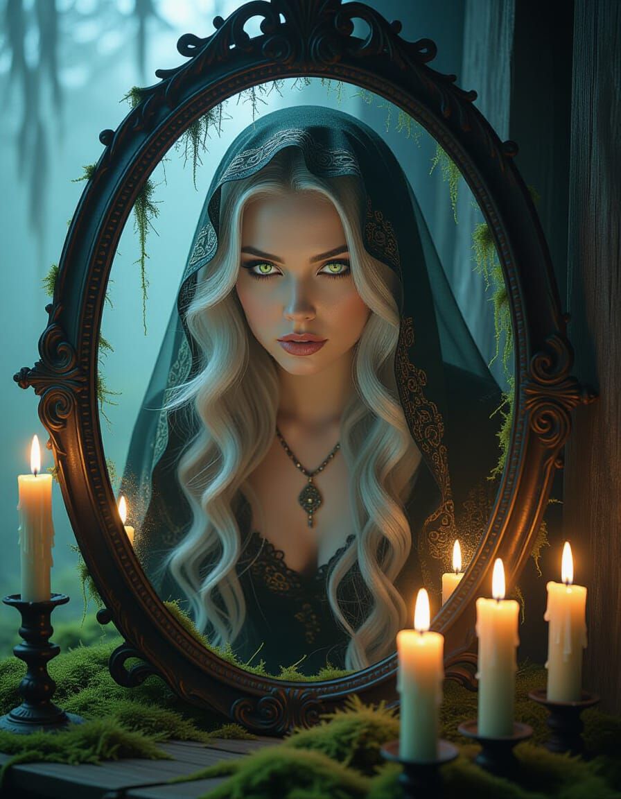 Mysterious Voodoo Woman in Antique Mirror