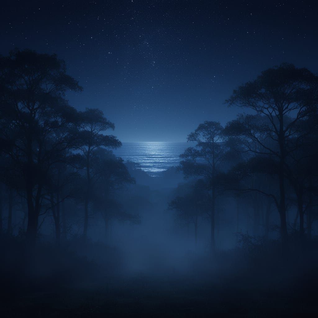 Dark Forest Under Ocean Sky, Ethereal Nightscape