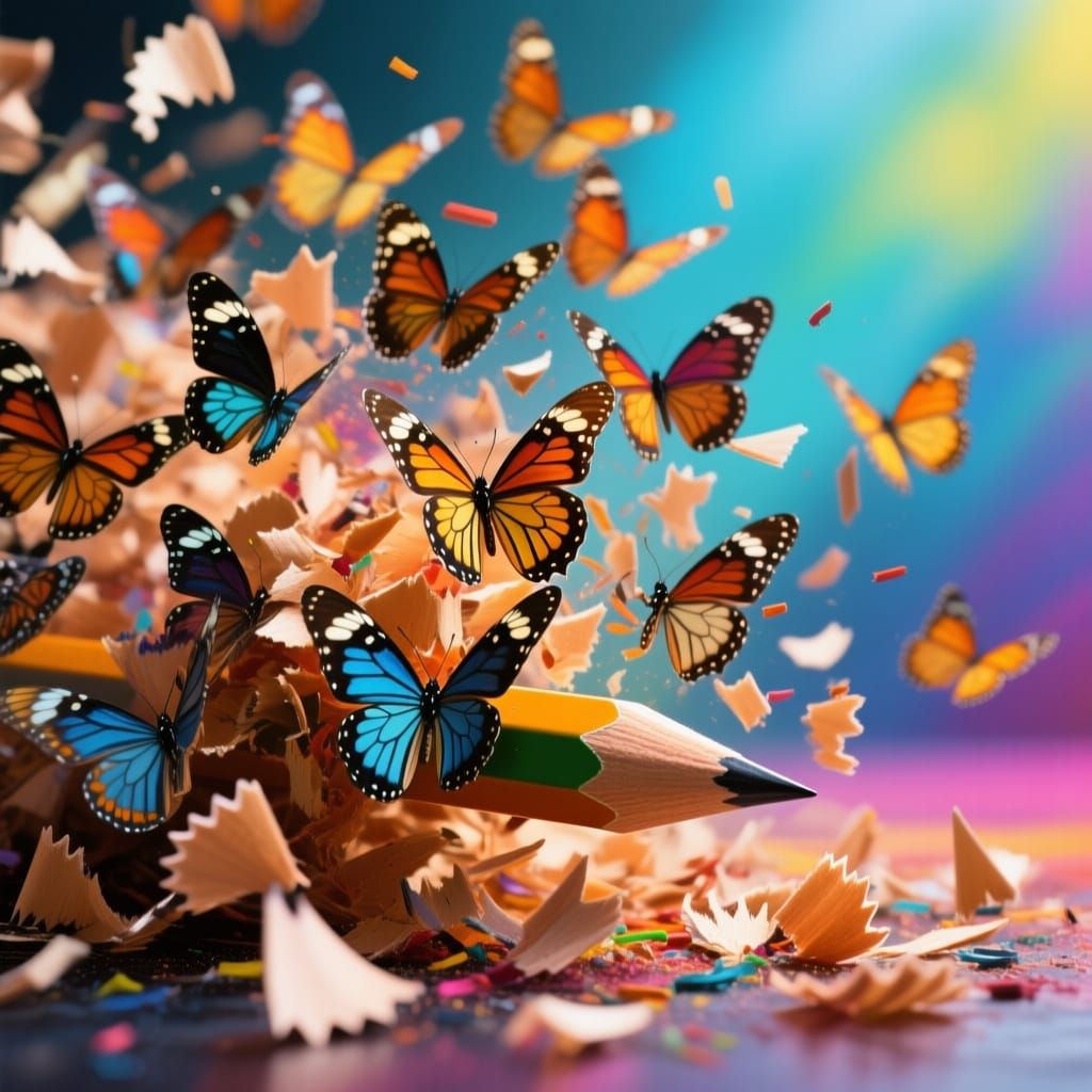 Butterflies Emerging From Pencil Shavings, Hyperrealistic De...