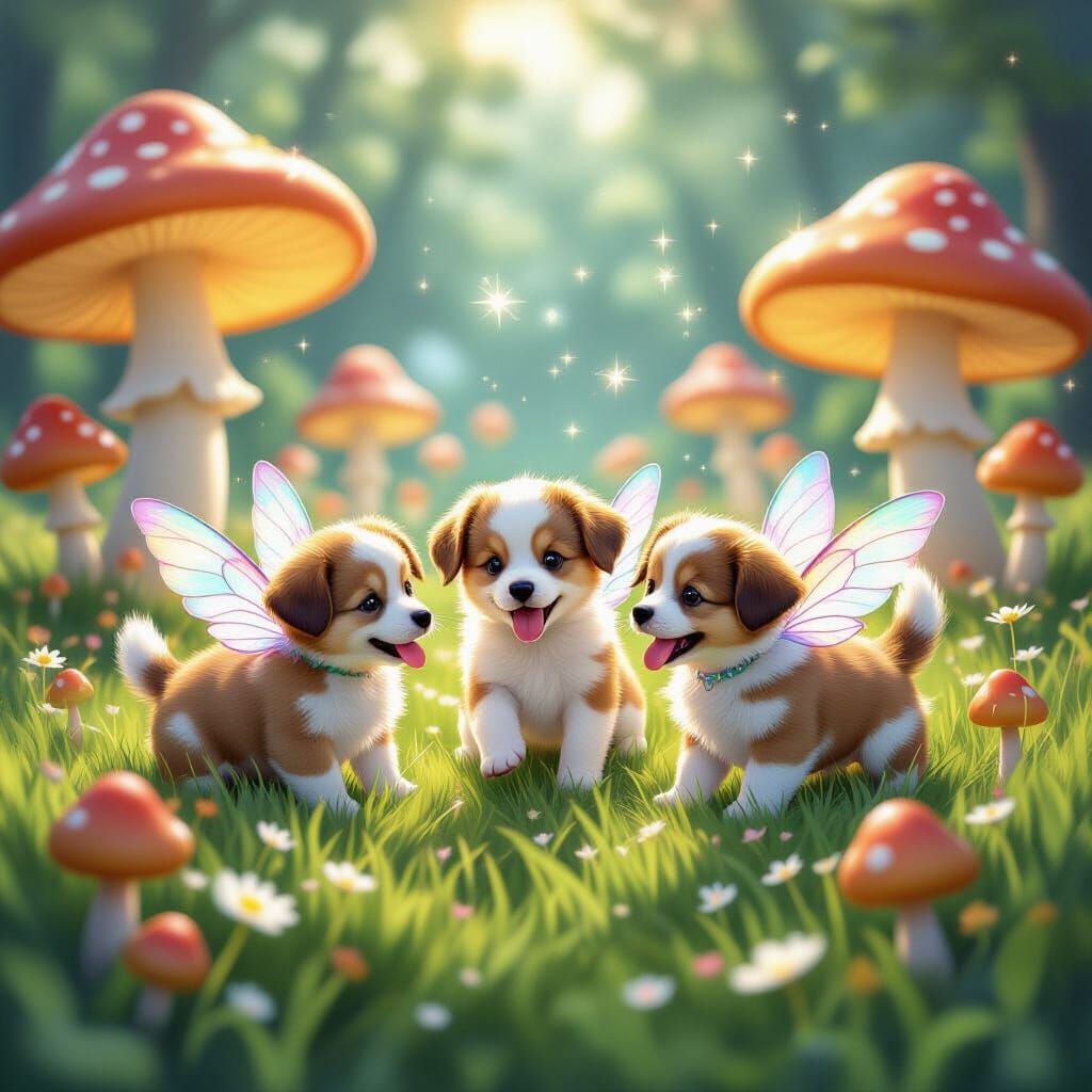 Enchanting Puppies With Wings Frolic Amidst Glowing Mushroom...