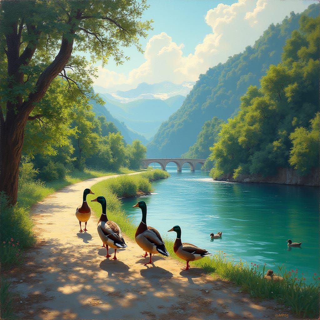 Vibrant Oil Painting of Ducks Along River Tagus in Realistic...