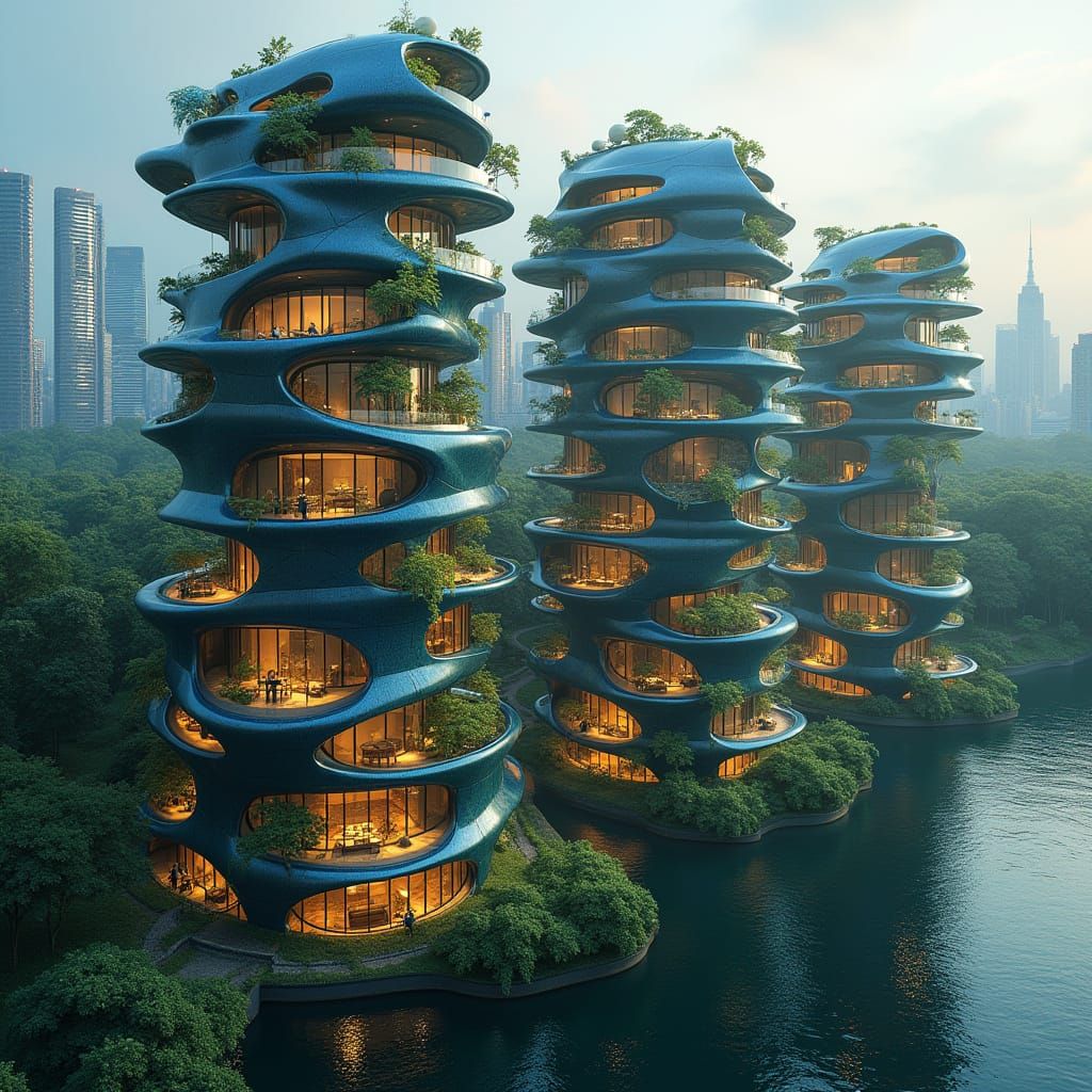 Surreal Skyscrapers Bloom from the Lake's Edge in a Futurist...