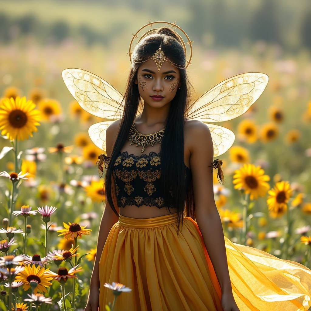 Ethereal Bee Mystic Yovela Amidst Vibrant Floral Abundance