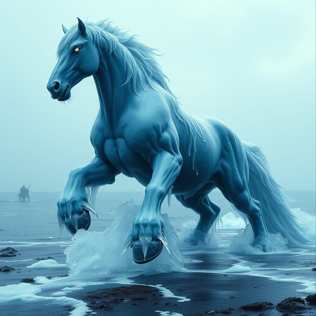 Epic Ice-Warrior Horse Rides Ocean Battlefield