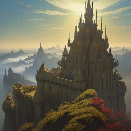 Medieval Marvel Fortress Emerges from Mist in Golden Splendo...