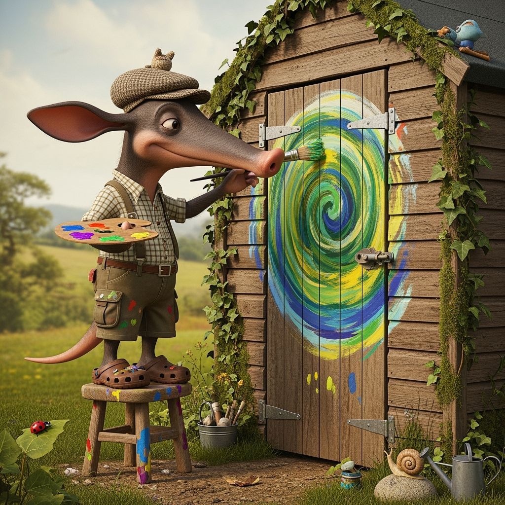 Anthropomorphic Aardvark Paints Rustic Shed in Whimsical Sty...