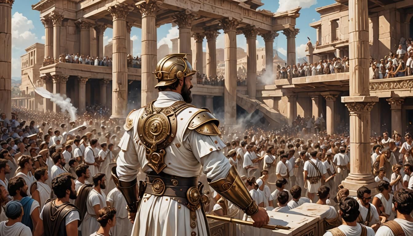 Steampunk Greek Commander Incites Crowd in Sparta