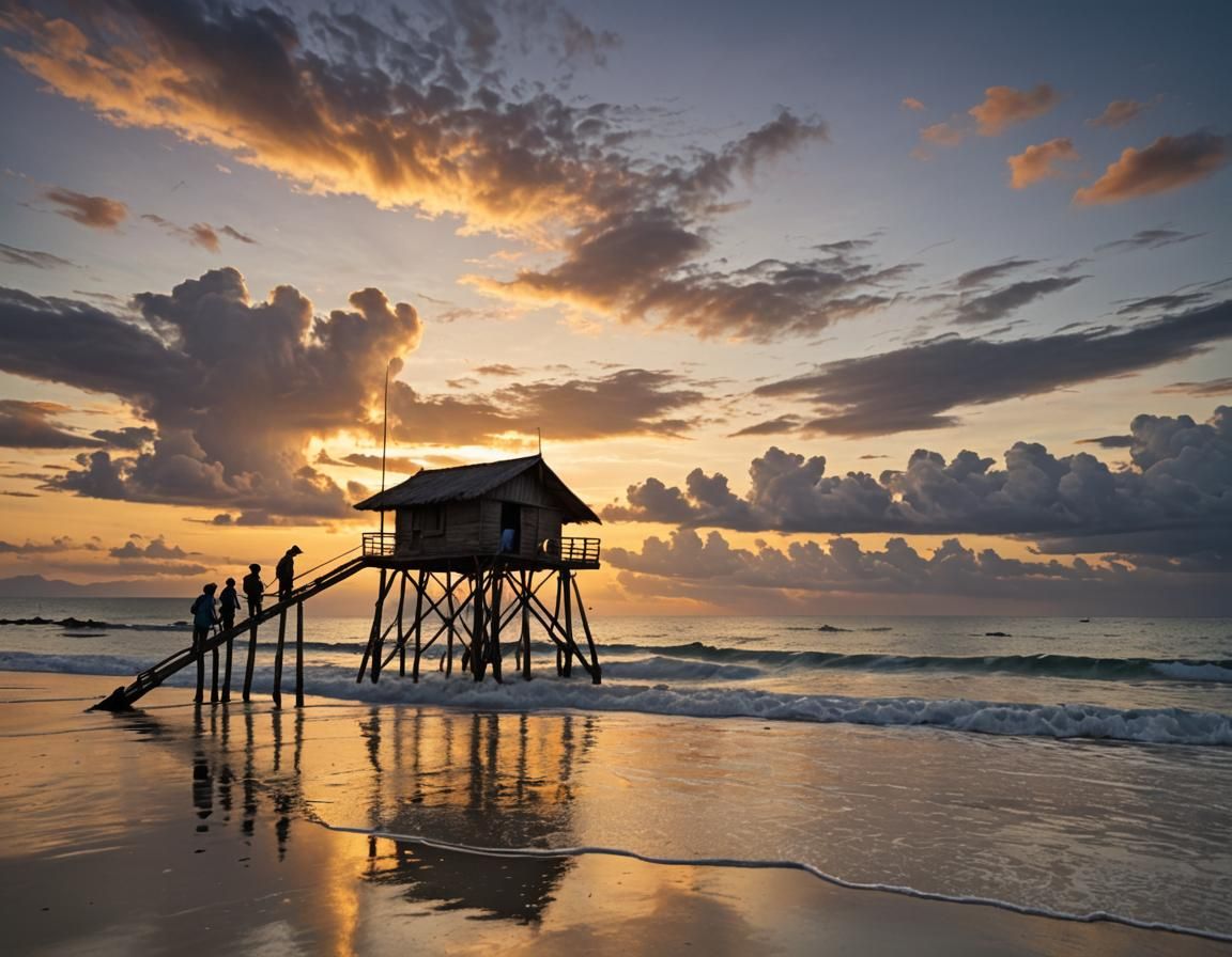 Fishermen at Sunset: Sumatraism Inspired Beach Scene