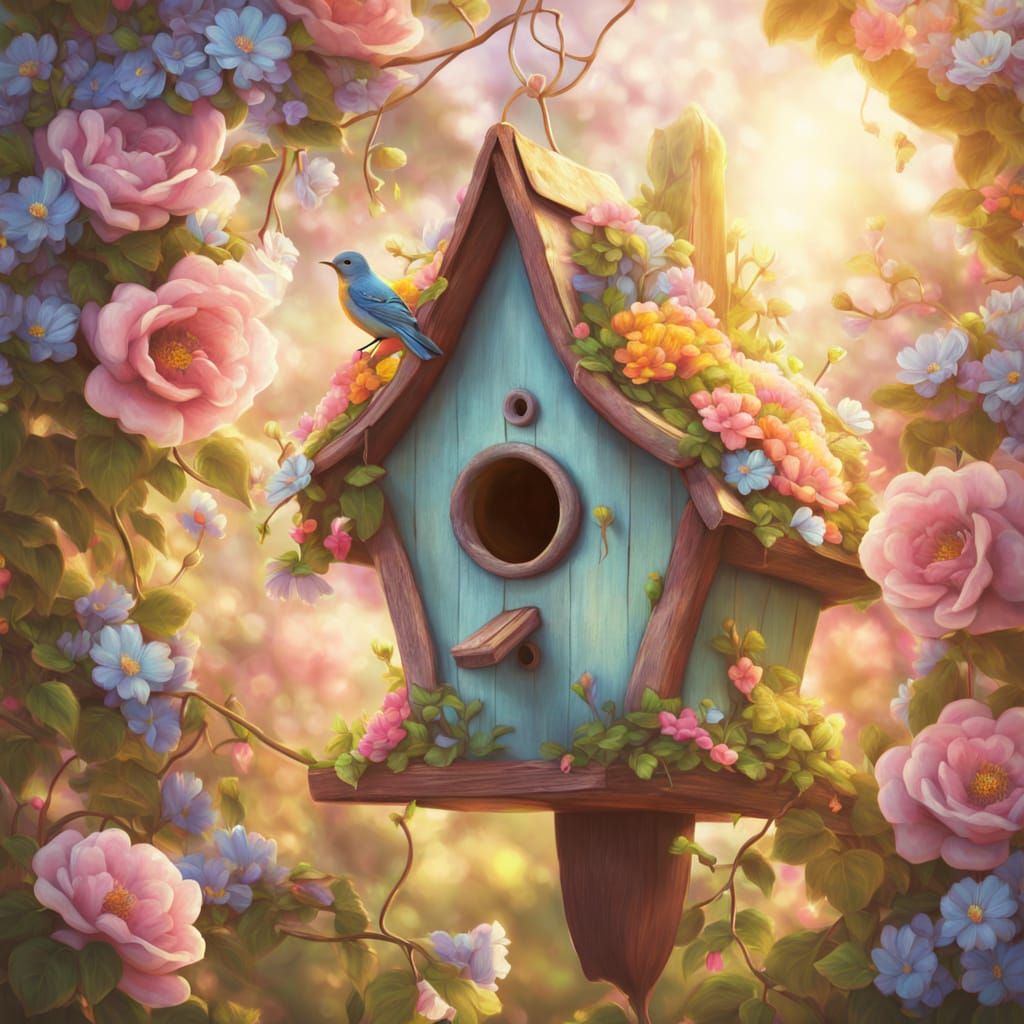 Charming Birdhouse in Vibrant Oil Painting Style