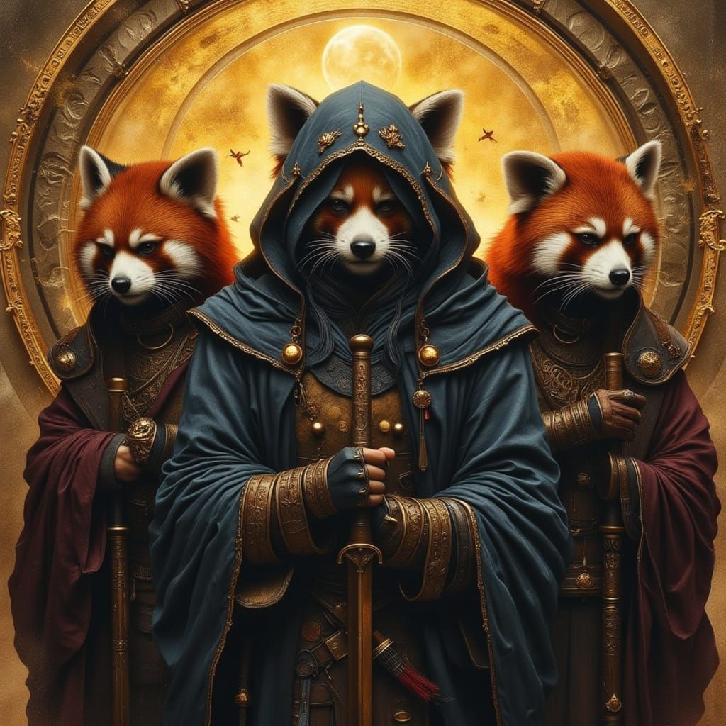Red Panda Warriors in Mystical Robes, Oil Painting Style