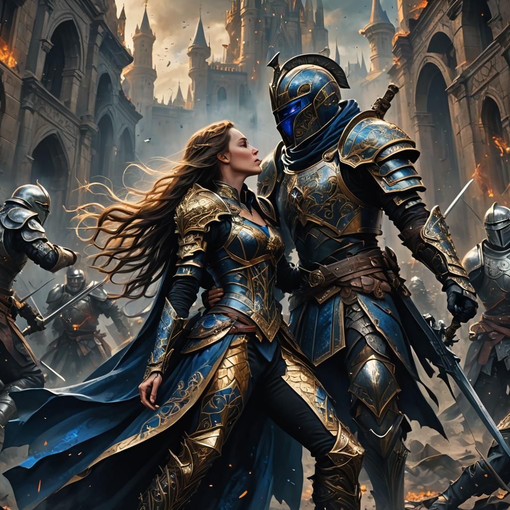 Passionate Kiss Amidst Battle: Fantasy Art